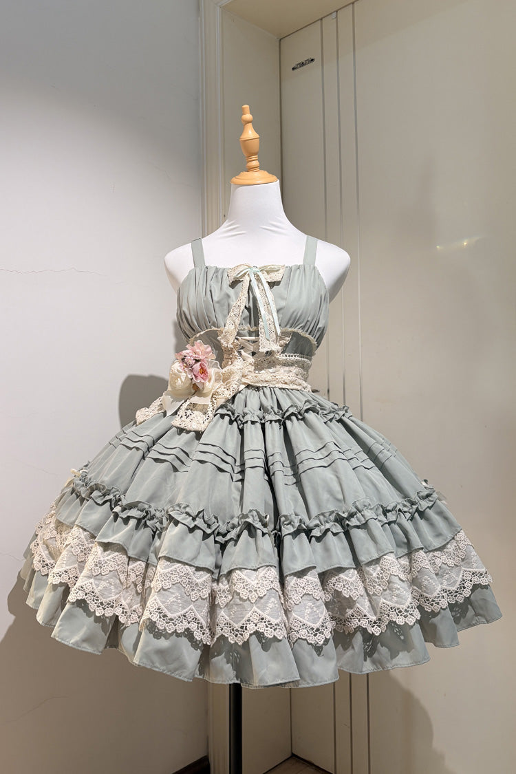 Green Vivian Off Shoulder Short Sleeves Ruffle Bowknot Lace Sweet Princess Lolita Dress