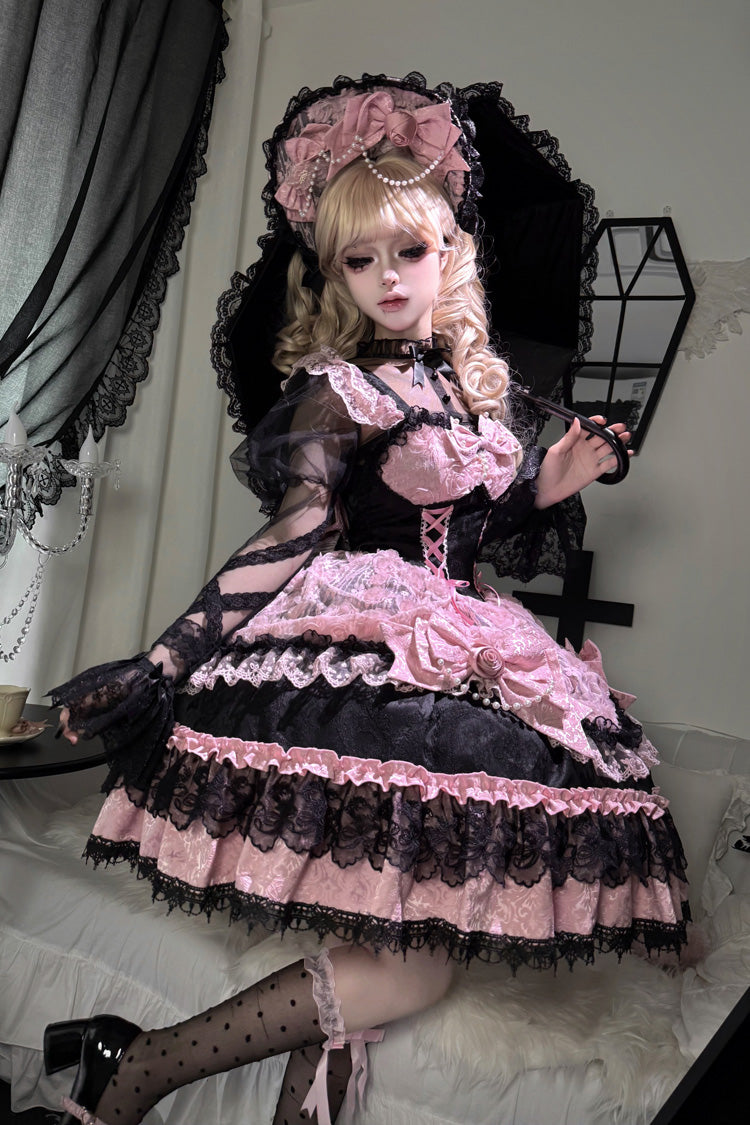 Black/Pink Rose Princess Sleeveless Ruffle Bowknot Lace Lace-Up Sweet Ballet Lolita Jsk Dress