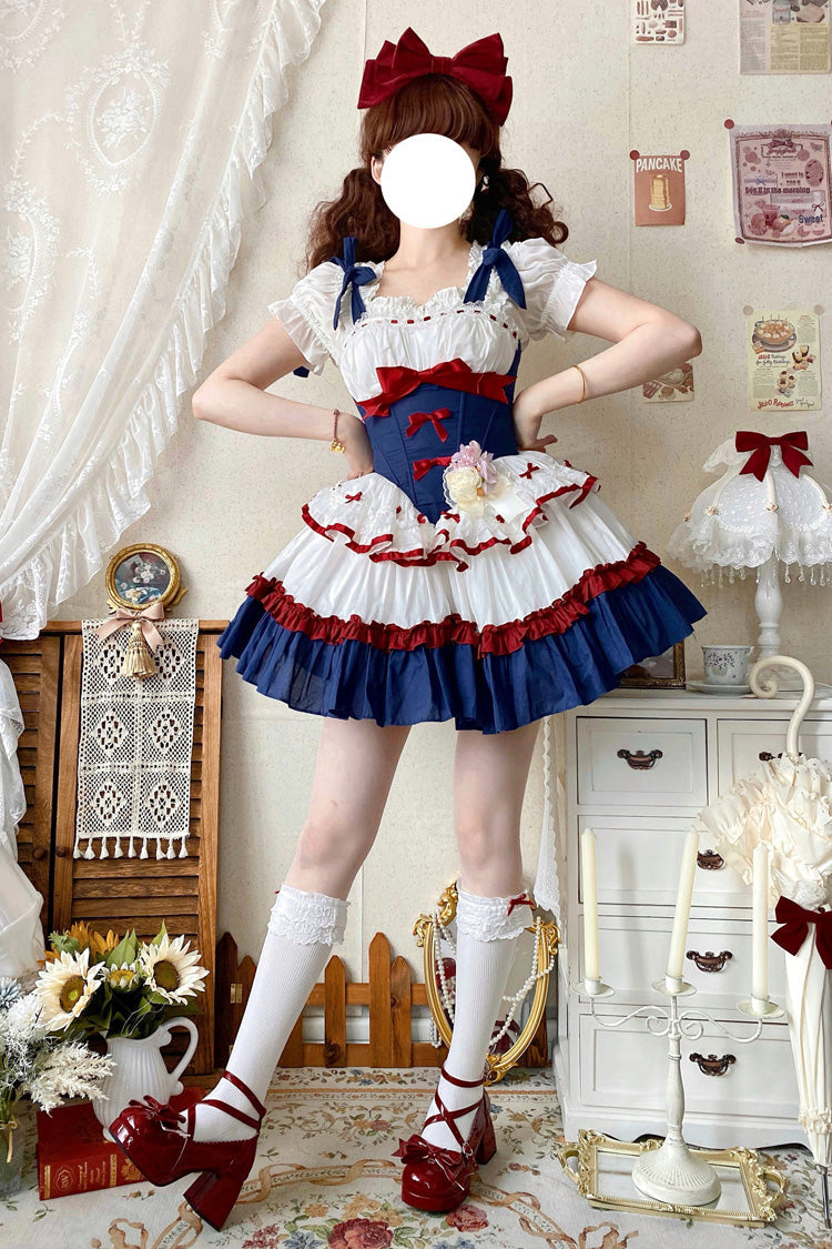 Red/White/Blue Fairy Tale Overture Triple-Layered Ruffle Bowknot Fishbone Sweet Ballet Lolita Dress