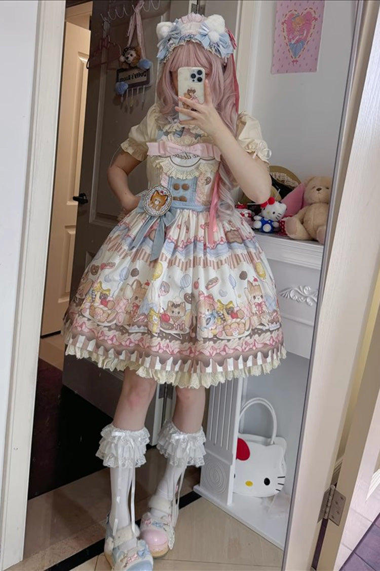 Multi-Color Sleeveless Cat Dessert Print Ruffle Bowknot Lace Sweet Japanese Lolita Strap Dress