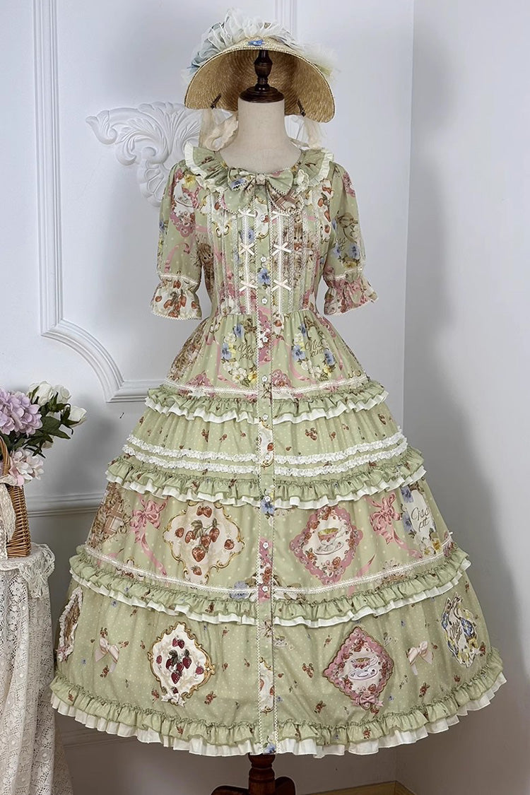 Green Cat Rose Tea Short Sleeves Print Ruffle Cardigan Bowknot Sweet Gorgeous Lolita Dress