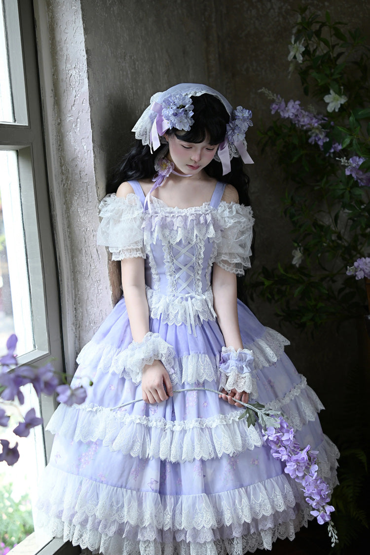 Purple Lavender Sleeveless Multi-Layered Print Ruffle Bowknot Lace-Up Sweet Elegant Lolita Jsk Dress Set