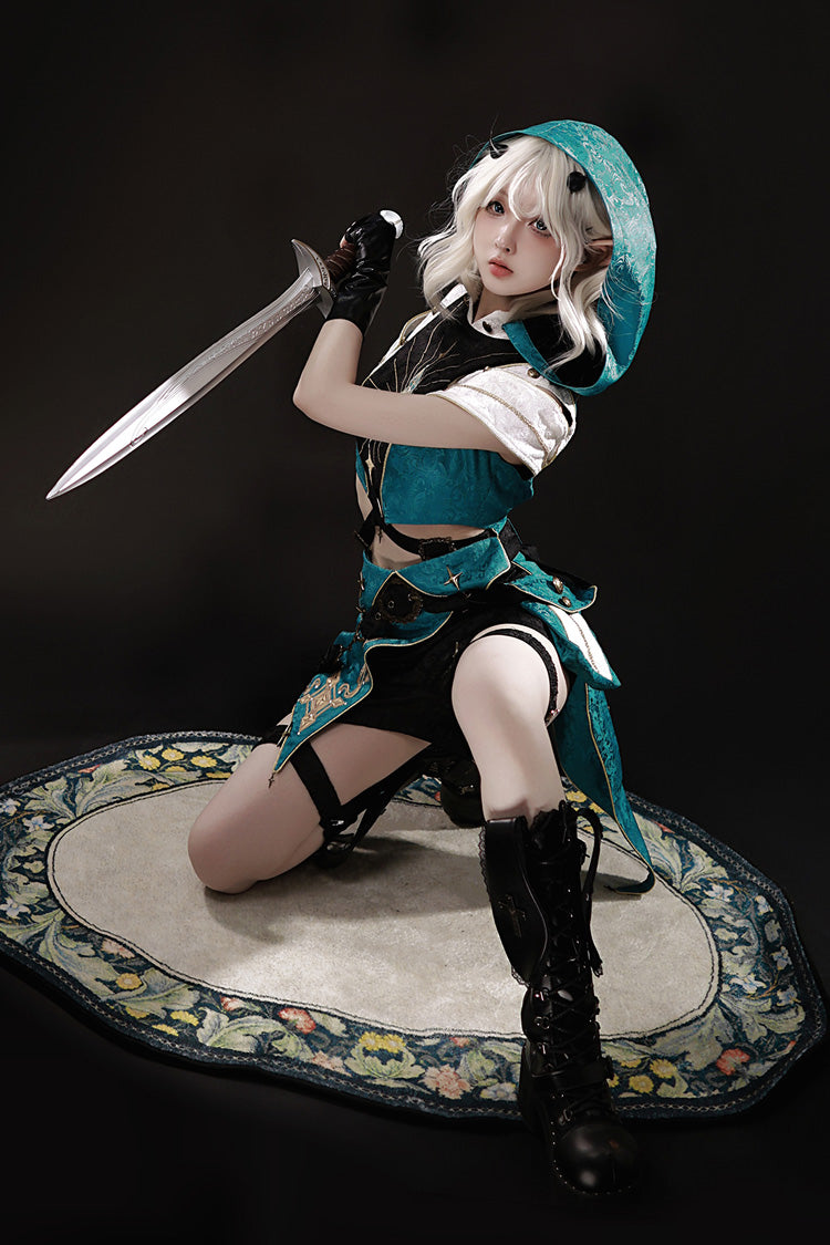 Blue/Green Traveler's Outfit Print Embroidery Hooded Ouji Fashion Sweet Handsome Lolita Set