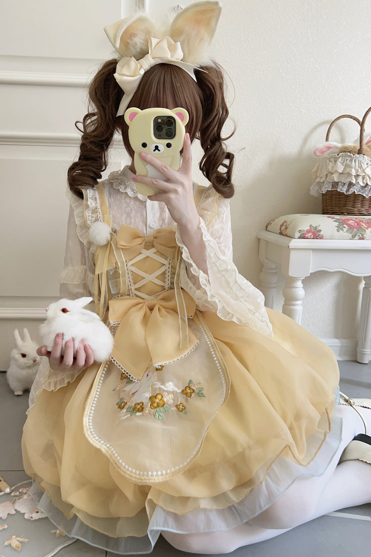 Yellow Moon Rabbit Shadow Embroidery Ruffle Bowknot Lace Sweet Lolita Jsk Dress