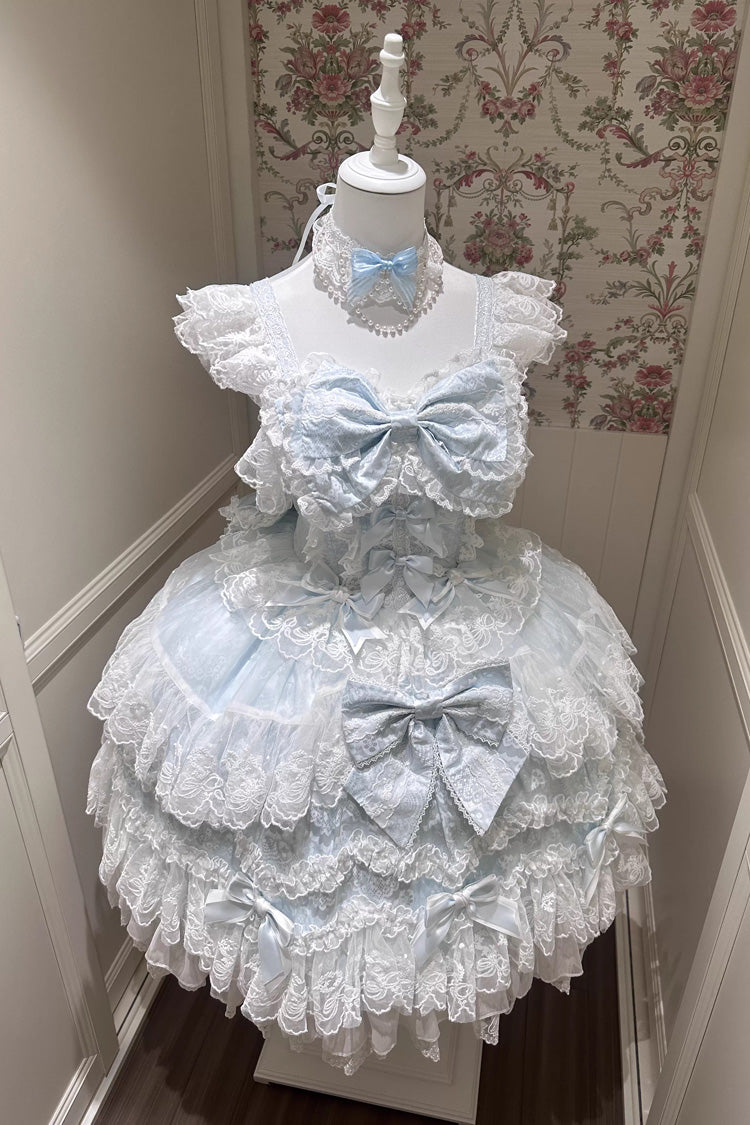 Blue Sakura Dream Romance Sleeveless Multi-Layered Ruffled Hanayome Bow Lace Sweet Princess Lolita Jsk Dress