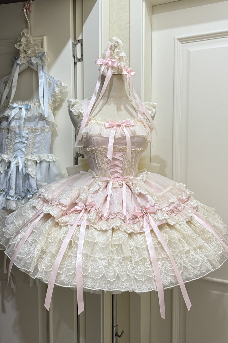 Pink Ribbon Heart Love Sleeveless Multi-Layered Ruffle Bowknot Lace Lace-Up Sweet Princess Ballet Lolita Jsk Dress
