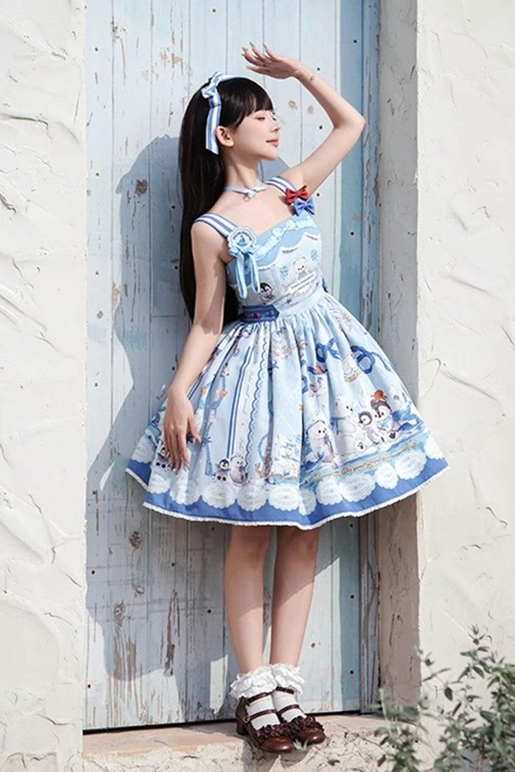 Blue Penguin Navy Print Ruffle Bowknot Sweet Princess Lolita Jsk Dress