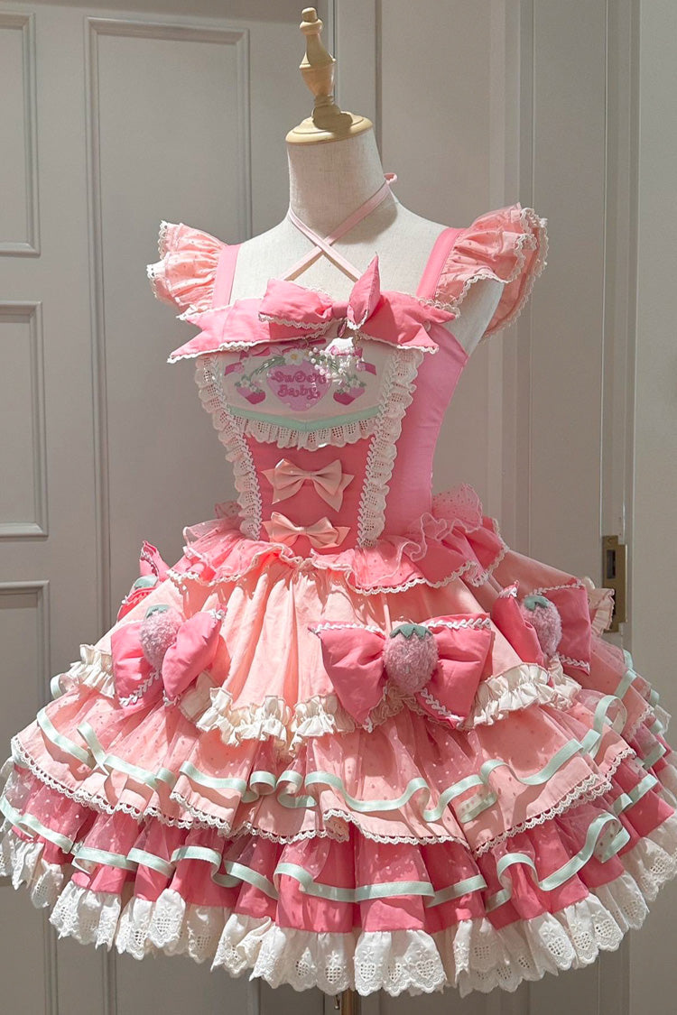 Pink Multi-Layered Cream Strawberries Print Ruffle Bowknot Sweet Lolita Tiered Dress