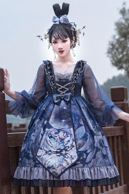 Dark Blue Unicorn Print Long Sleeves High Waisted Ruffled Classic Lolita OP Dress