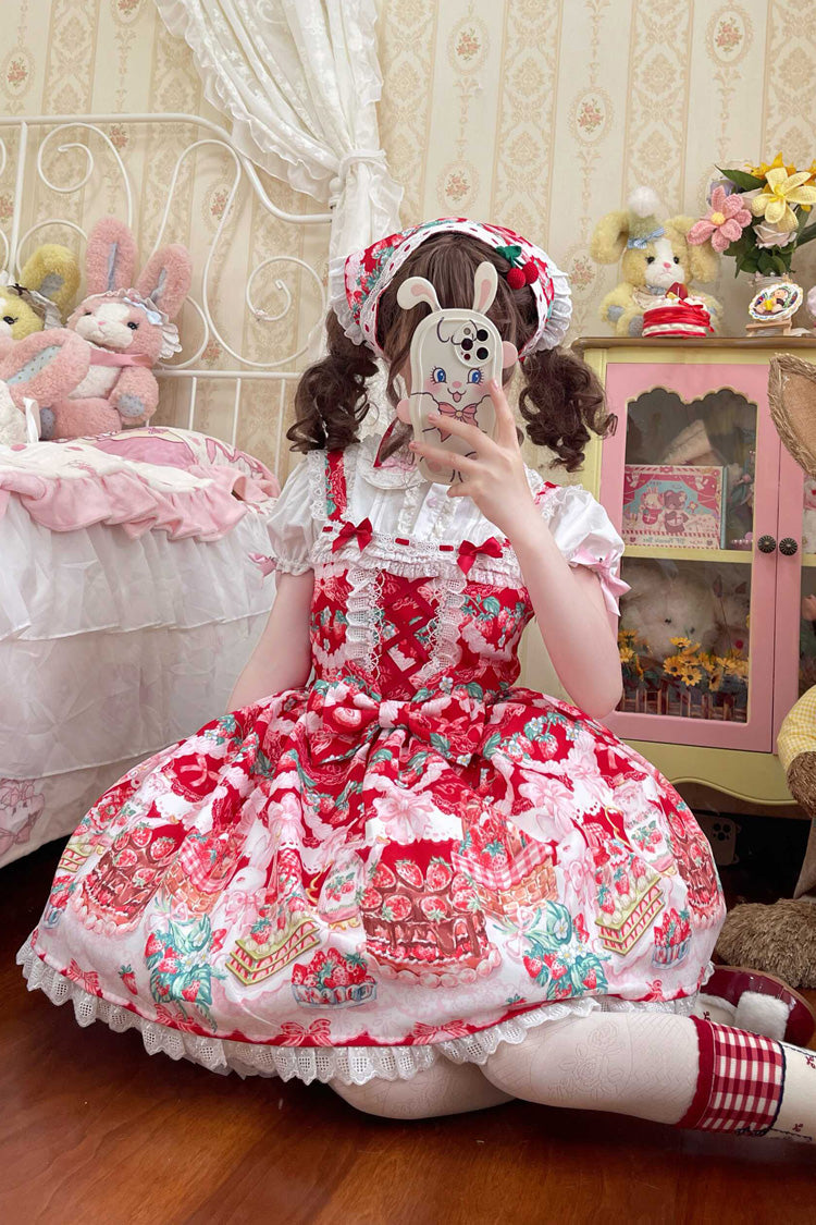 Red Strawberry Cocoa Jam Sleeveless Print Ruffle Bowknot Lace Sweet Lolita Jsk Dress
