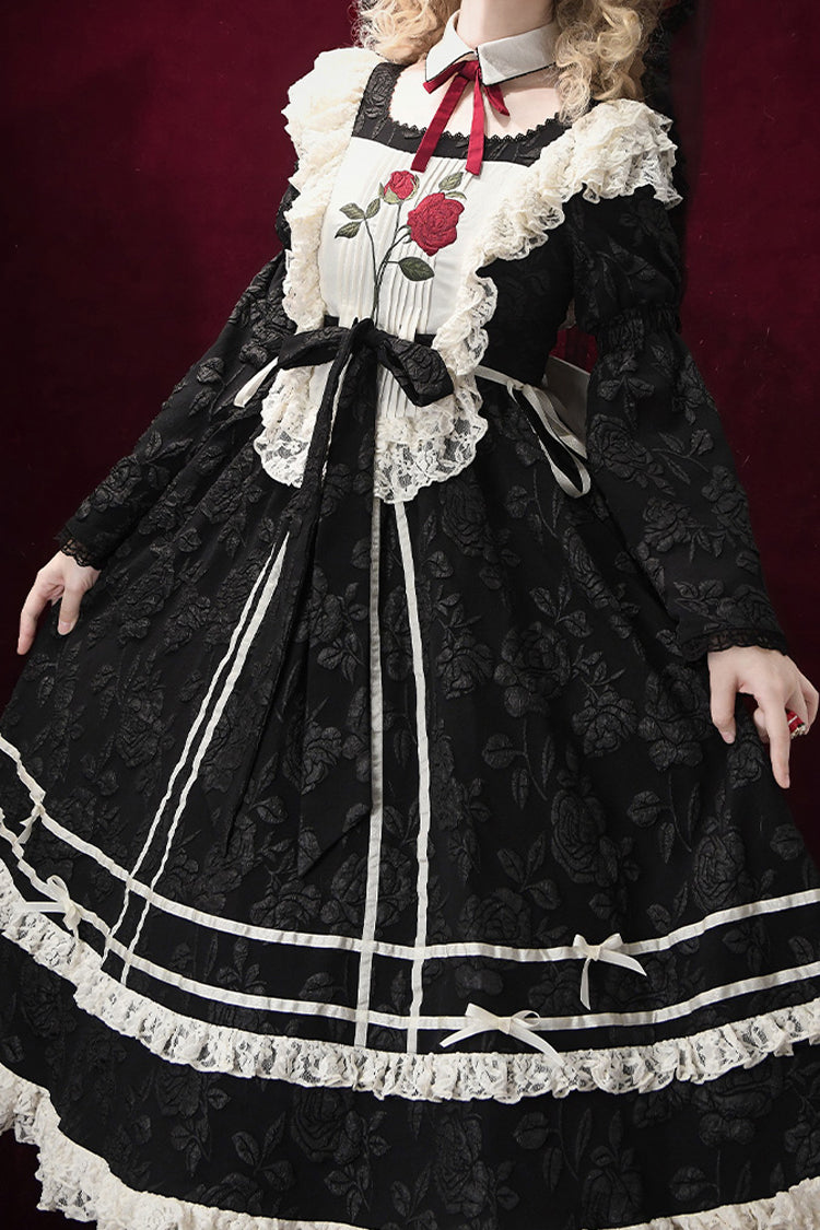 Black Rose Choir Double-Layered Ruffle Embroidery Bowknot Lace Gothic Elegant Nun Lolita Dress
