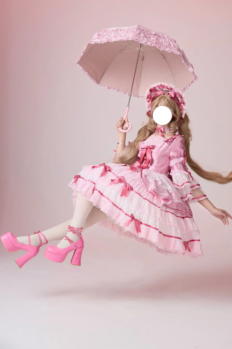 Pink Velvet Cake Long Trumpet Sleeves Multi-Layered Ruffle Bowknot Lace Sweet Lolita Dress