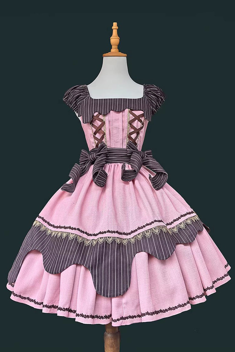 Strawberry and Mint Chocolate Double-Layered Printed Bow Lace-Up Irregular Sweet Lolita Dress 2 Colors