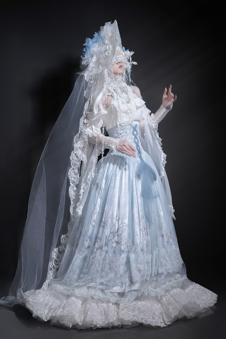 Blue Snow Lily Print Ruffle Hanayome Embroidery Bowknot Lace-Up Sweet Elegant Princess Lolita Skirt Set