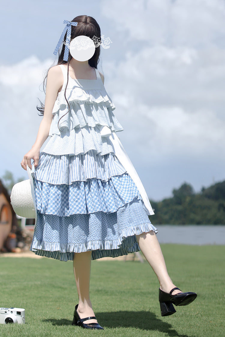 Blue Go To The Beach Multi-Layered Print Ruffle Holiday Sweet Lolita Jsk Dress