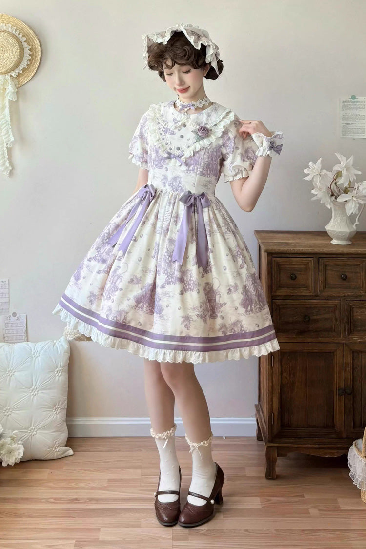 Purple Grape Moon Almanac Short Sleeves Multi-Layered Printed Ruffled Bow Sweet Lolita Dress