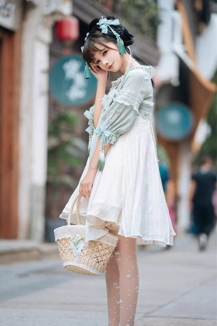 White/Green Half Sleeves Ruffled Bow Sweet Chinese Style Lolita Hanfu Dress