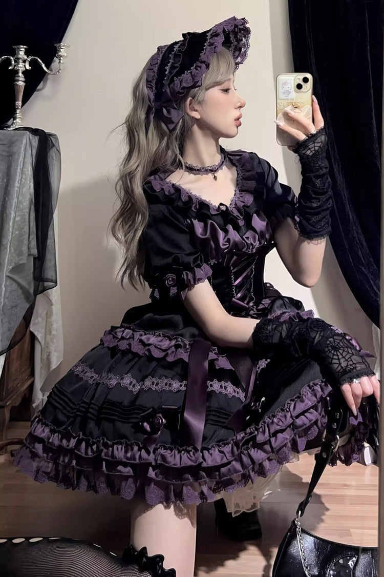 Black/Purple Layered Blackcurrant Short Sleeves Ruffle Bowknot Lace Sweet Lolita Dress