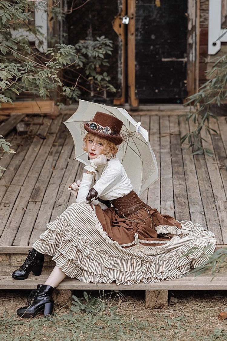 White/Brown Victorian Style Triple-Layered Striped Print Ruffle Classic Vintage Lolita Basil Skirt