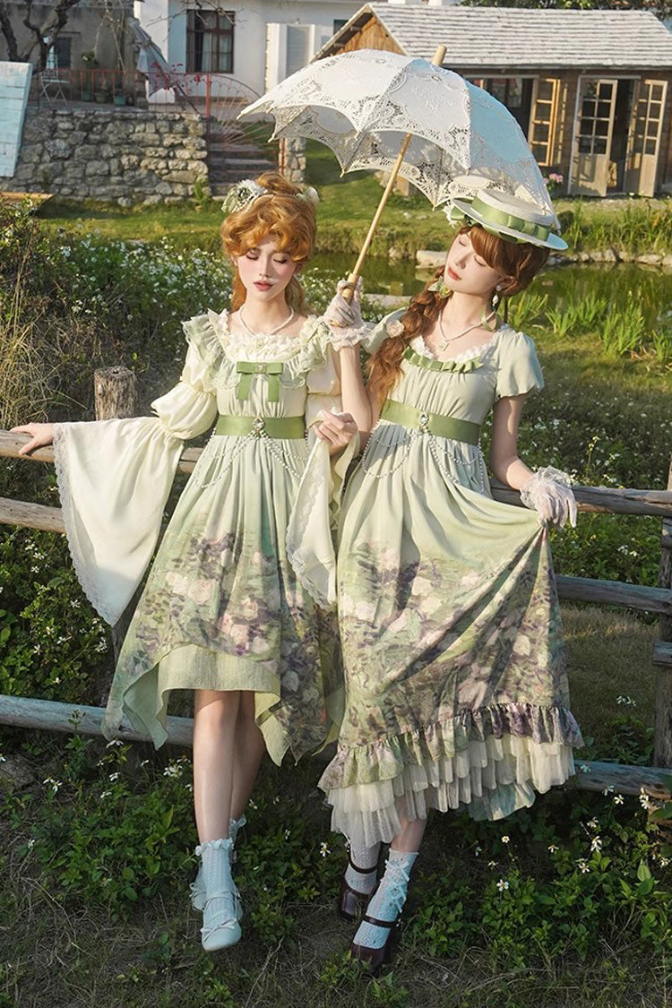 Green Blooming Roses Print Oil Painting Chiffon Ruffle Bowknot Irregular Sweet Lolita Jsk Dress