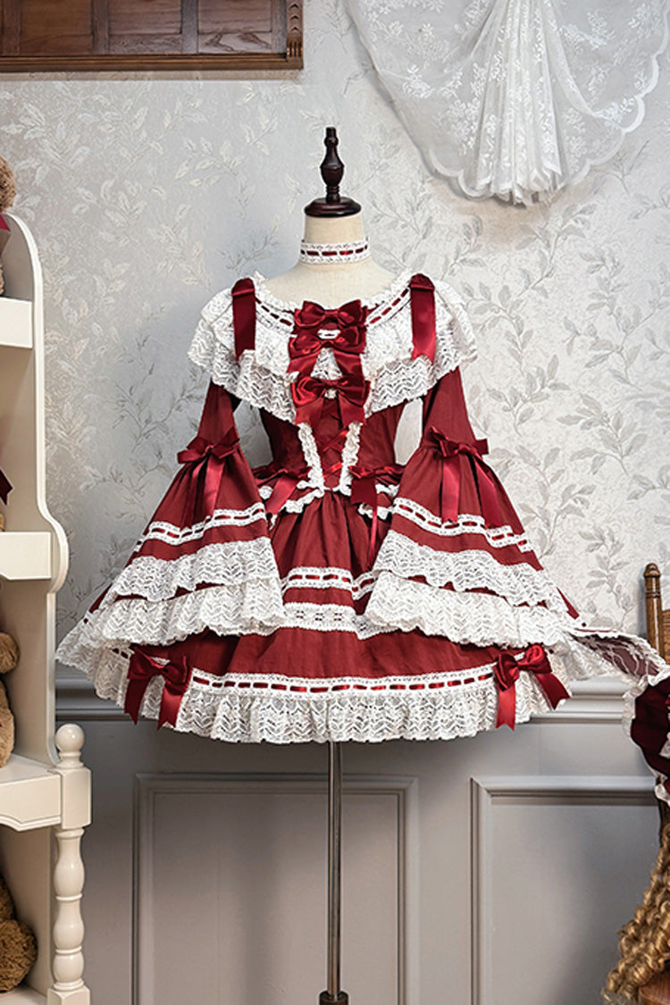 Wine Red Rabbit Sleeping Doll Long Trumpet Sleeves Ruffle Bowknot Lace Sweet Lolita Dress