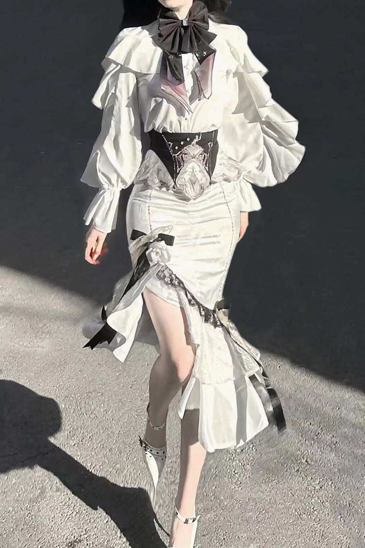 White Star Gate Jacquard Embroidery Bowknot Irregular Sweet Elegant Princess Lolita Skirt