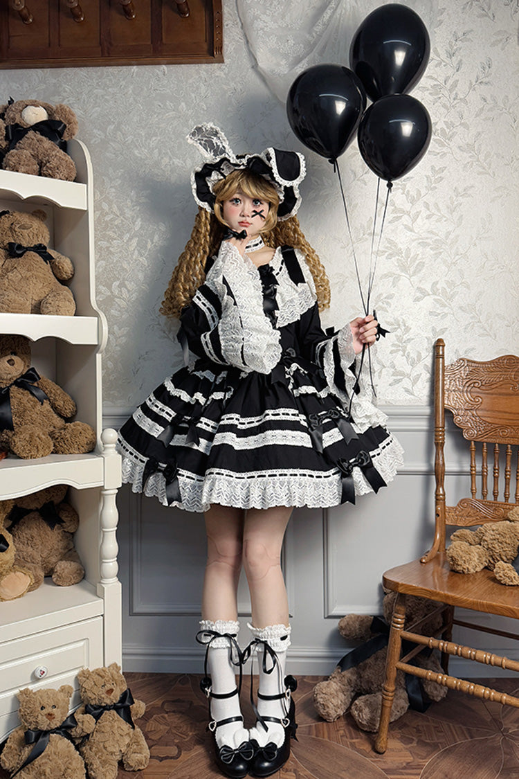 Black Rabbit Sleeping Doll Long Trumpet Sleeves Ruffle Bowknot Lace Sweet Lolita Dress