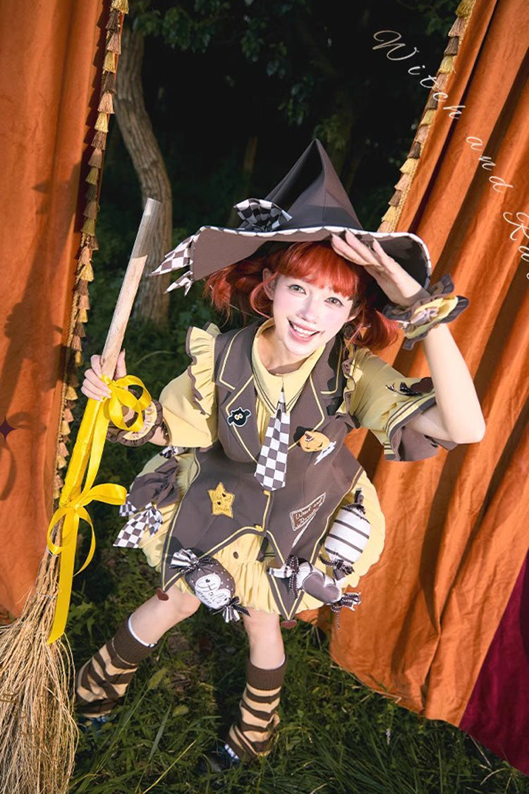 Brown/Yellow Witch and Paradise Short Sleeves Ruffle Bowknot Sweet Japanese Halloween Lolita Dress Vest Set