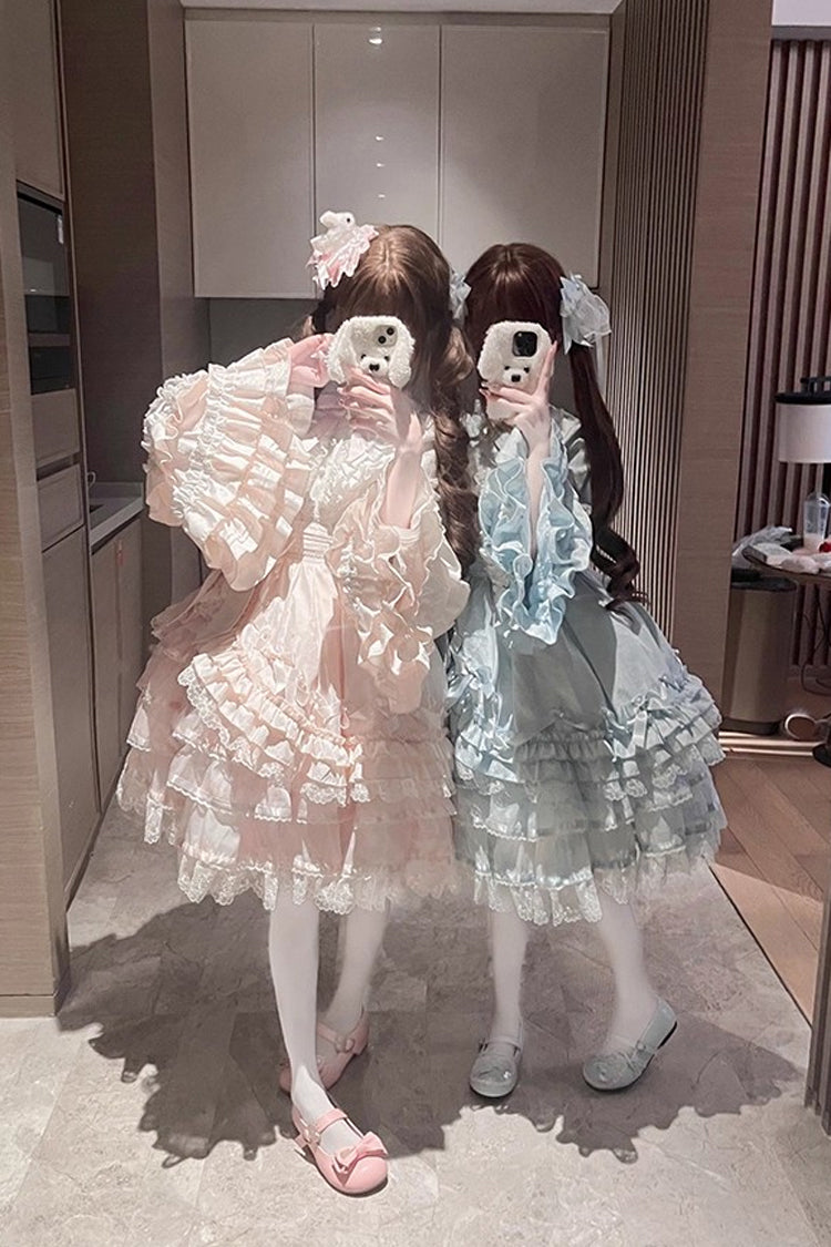 Pink The Soloist Doll Long Hime Sleeves Multi-Layered Print Ruffle Bowknot Asymmetric Sweet Lolita Dress