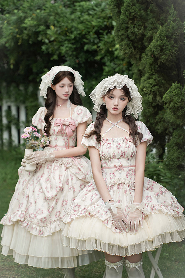 Ivory Rose After The Rain Short Sleeves Triple-Layered Print Ruffle Bowknot Lace-Up Sweet Lolita Long Dress