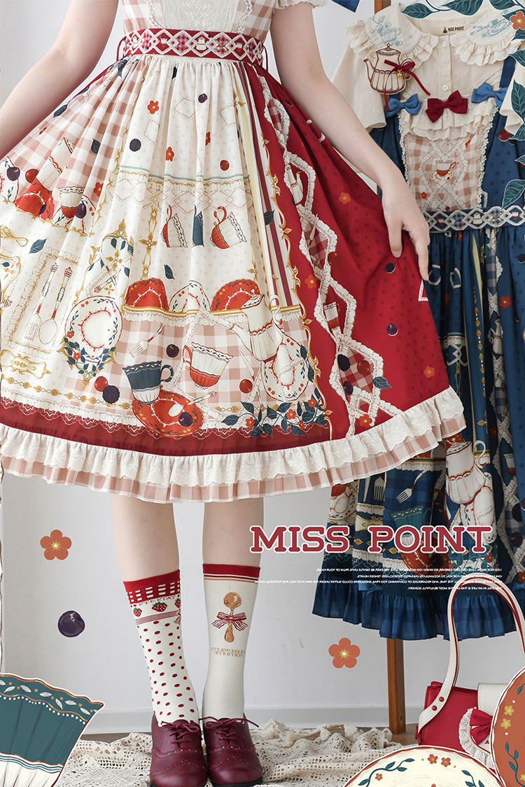 Red Tea Party Short Sleeves Print Ruffle Bowknot Lace Sweet Elegant Lolita Dress