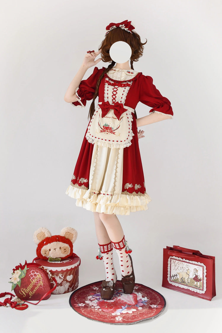 Red Tochigi Girl Double-Layered Ruffle Embroidery Cardigan Sweet Lolita Dress Full Set