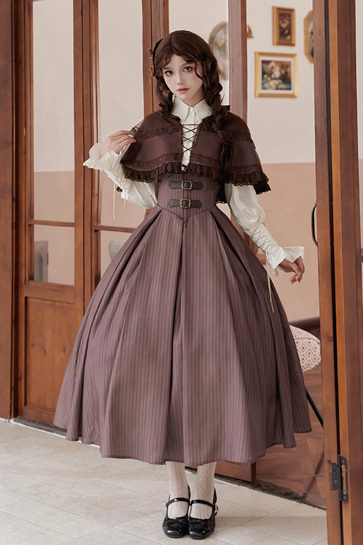 Brown Manchester City's Past Striped Print Breast Support Long Version Sweet Lolita Dress
