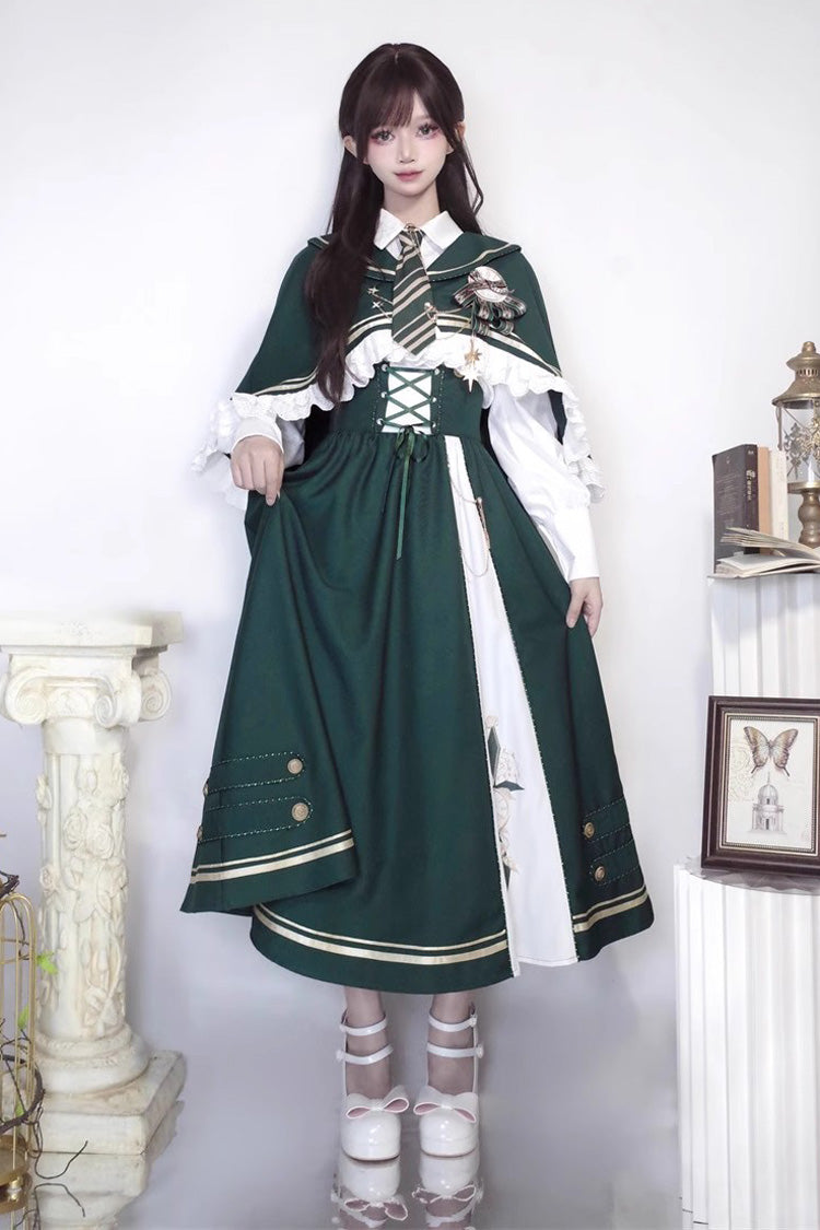 Green Time Traveler Print College Style Sweet Lolita Strap Dress 4 Piece Set