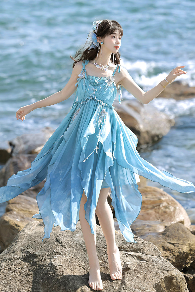 Blue Ocean Sprite Gradient Print Irregular Hooded Sweet Lolita Jsk Dress Cloak Set