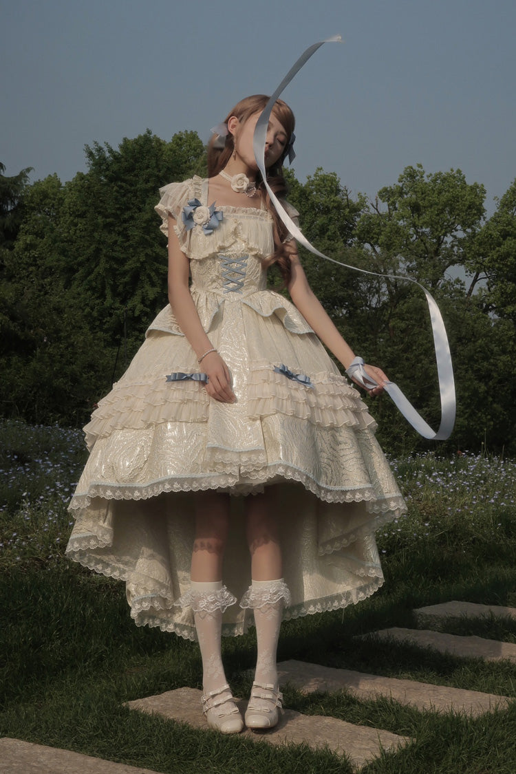 Ivory/Blue Tycoon's Daughter Ruffle Bowknot Sweet Elegant Princess Lolita Jsk Dress