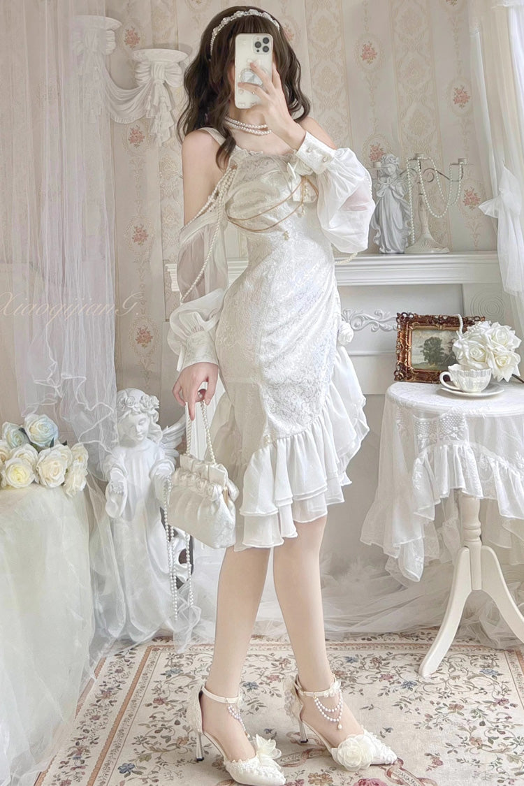 White Camellia 2.0 Sleeveless Jacquard Ruffle Lace Asymmetric Sweet Chinese Style Fishtail Lolita Jsk Dress