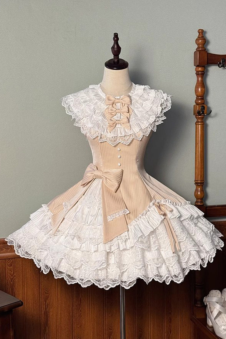 Champagne Miss Tsundere Sleeveless Multi-Layered Ruffle Bowknot Lace Asymmetric Sweet Princess Lolita Dress