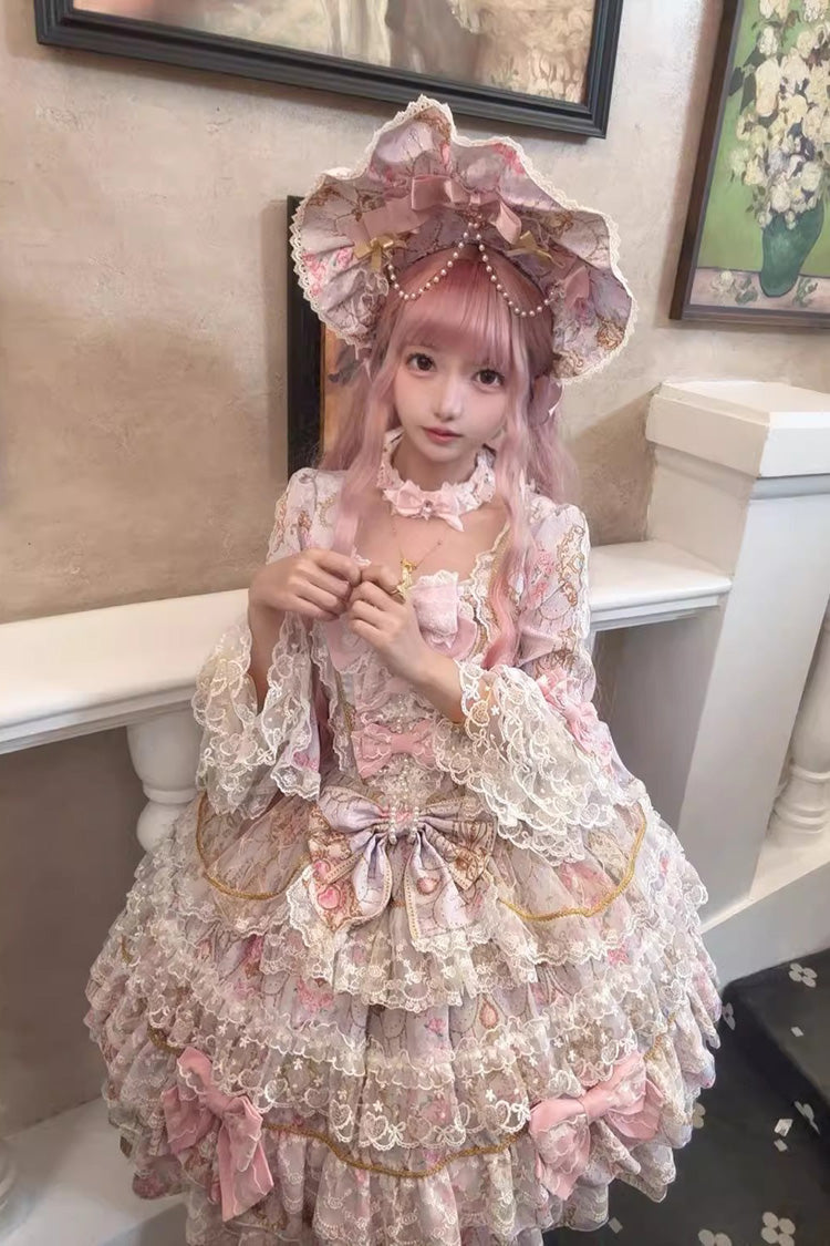 Purple Candlelight Elegance Long Trumpet Sleeves Multi-Layered Ruffle Bowknot Lace Sweet Elegant Lolita Dress