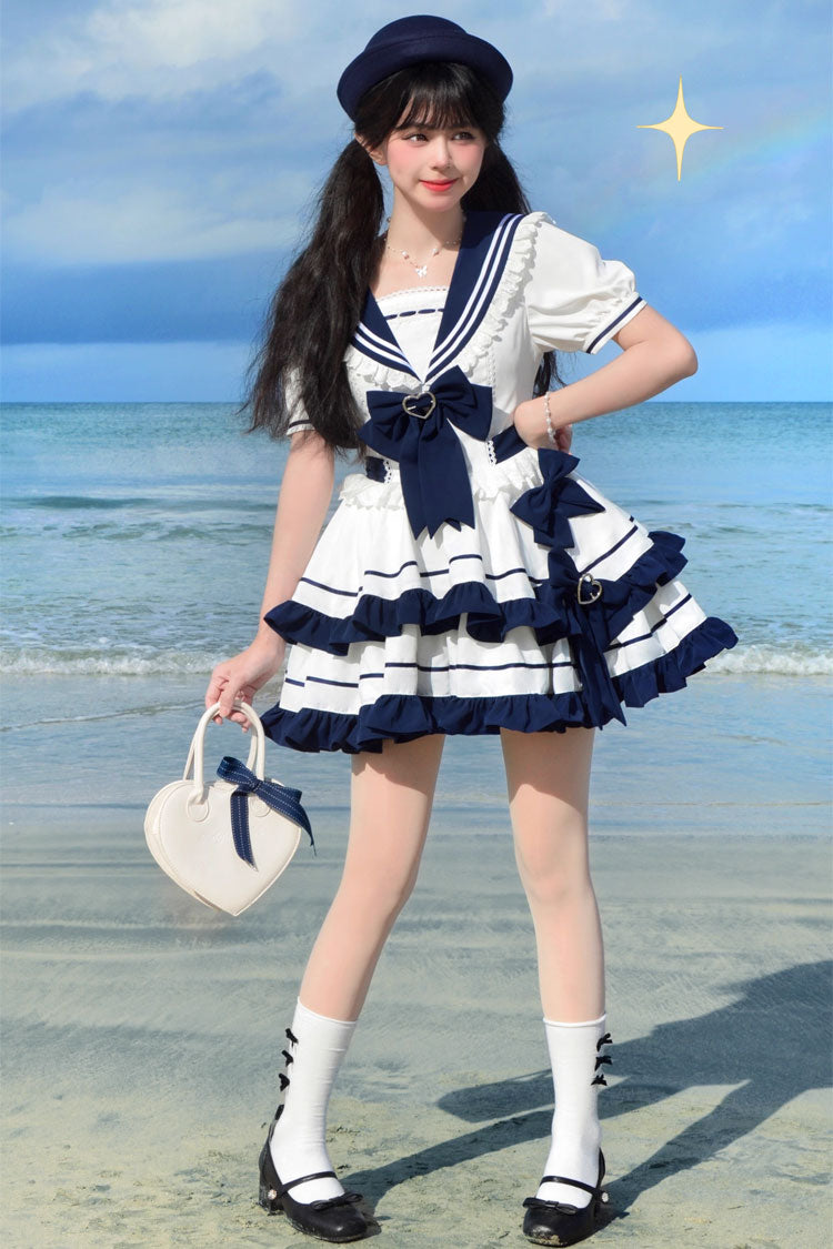 Dark Blue Navy Style Short Sleeves Double Layer Ruffle Bowknot Lace Sweet Lolita Dress