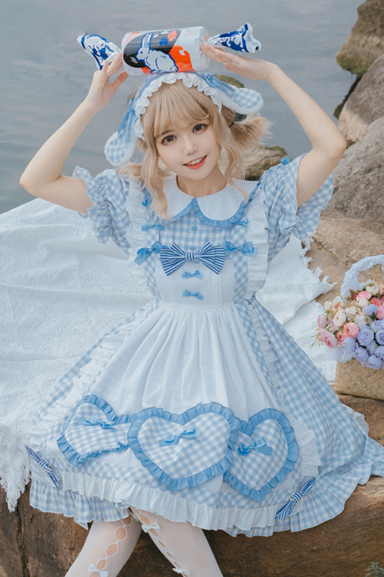 Light Blue Love Plaid Print Bowknot Short Sleeves Princess Sweet Lolita OP Dress (Apron is included)