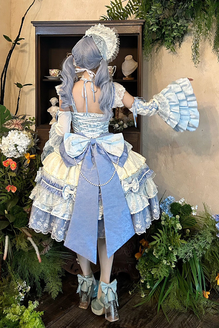 Blue Falling Sakura Multi-Layered Ruffled Hanayome Bow Lace Sweet Plus Size Princess Lolita Jsk Dress