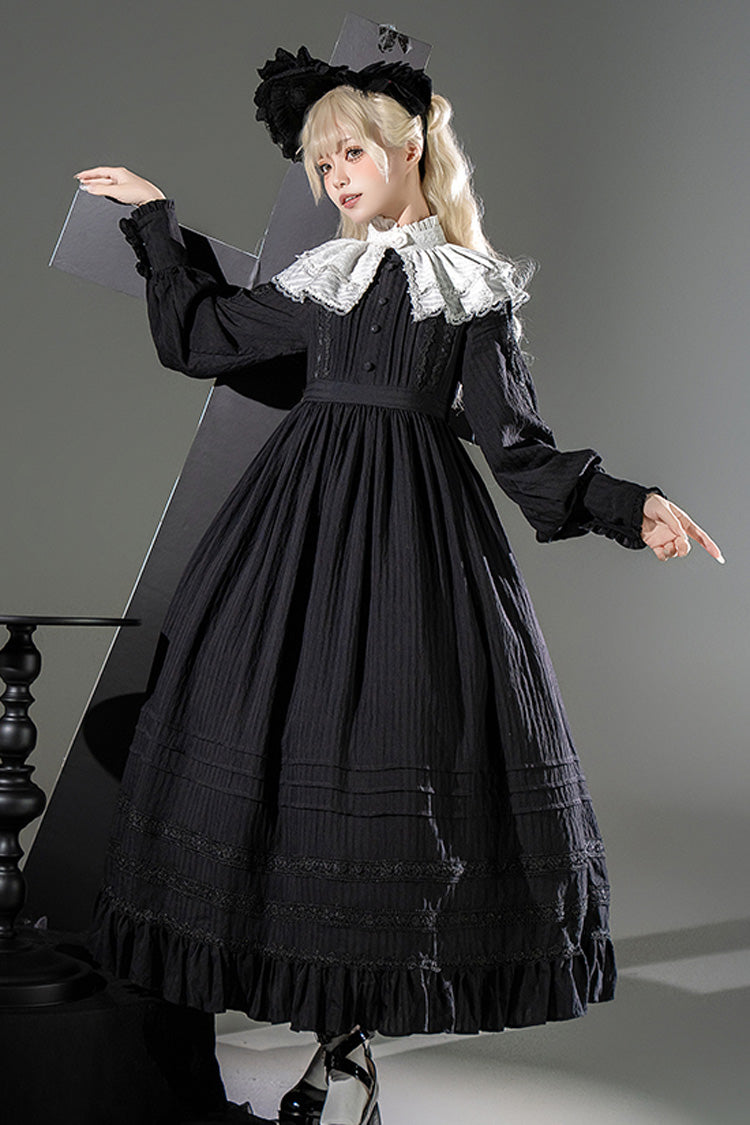Black/White Quiet Place Long Sleeves Jacquard Ruffle Embroidery Bowknot Gothic Lolita Dress
