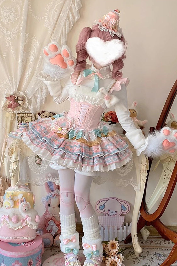Pink Candy House Multi-Layered Print Ruffle Bowknot Lace-Up Sweet Ballet Lolita Jsk Dress