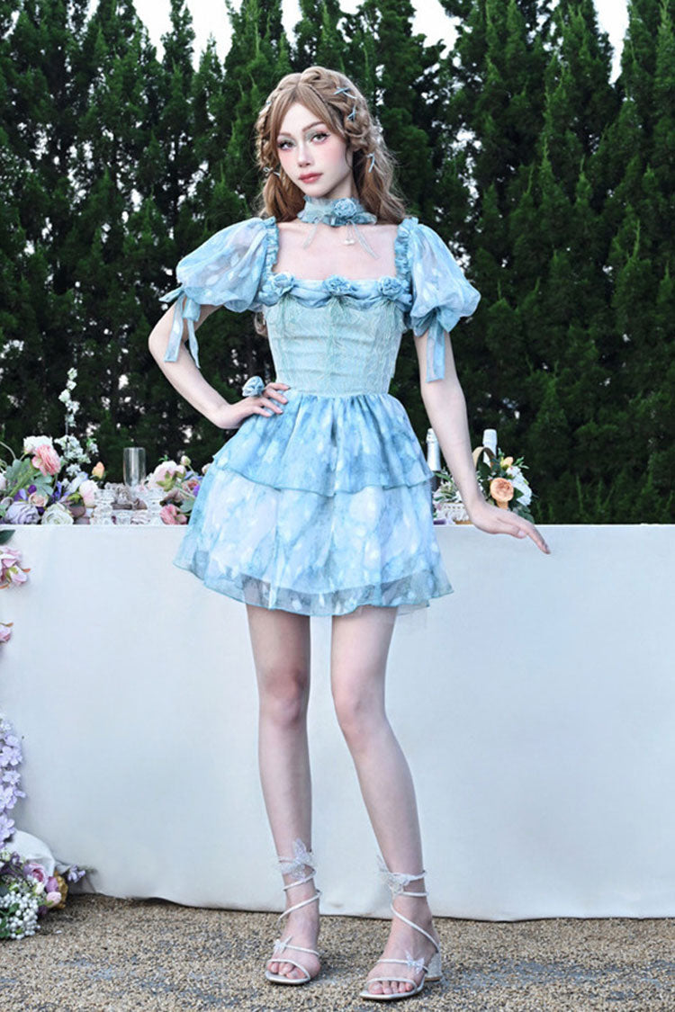 Blue Square Collar Short Puff Sleeves Multi-Layered Print Ruffle Bowknot Tie-dyed Sweet Princess Lolita Dress