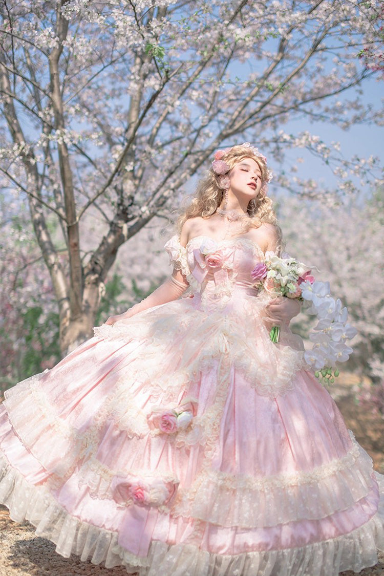 Pink Love and Roses Ruffle Hanayome Bowknot Lace Sweet Princess Lolita Jsk Dress