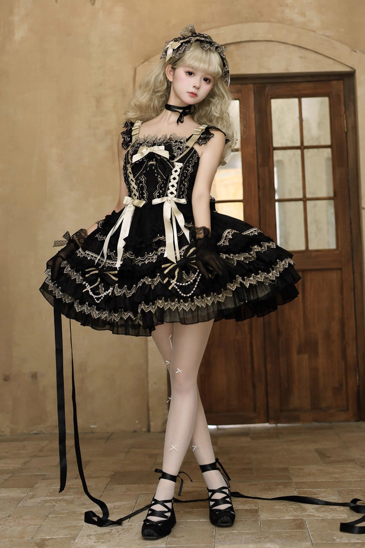 Black Gilded Memories Sleeveless Double-Layered Ruffle Hot Stamping Bowknot Lace Sweet Lolita Jsk Dress