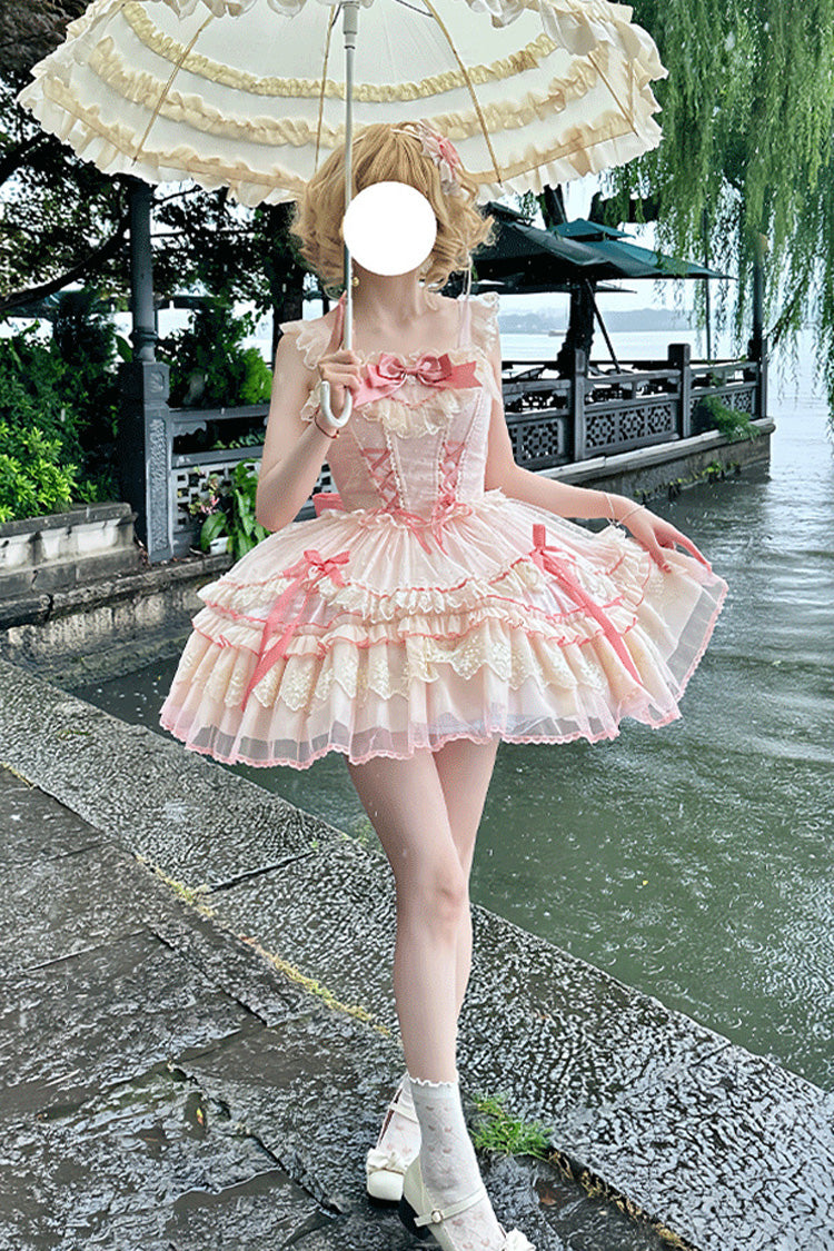 Pink Candy House Sleeveless Ruffle Bowknot Lace Lace-Up Sweet Lolita Jsk Dress