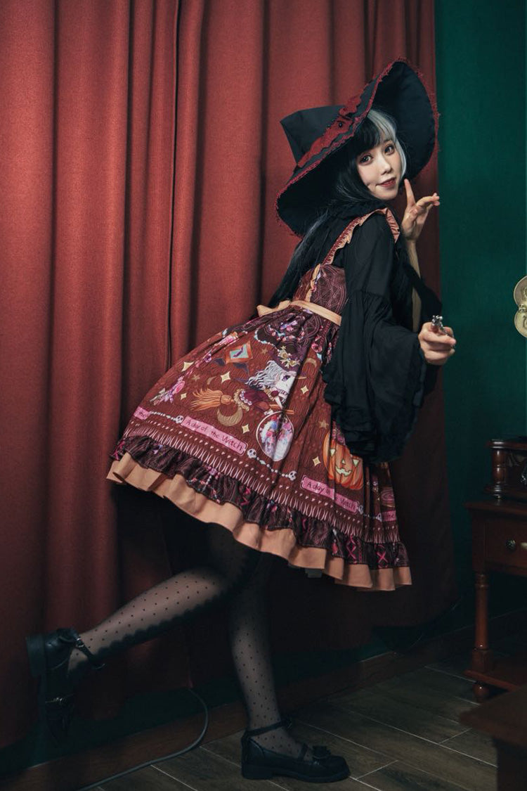 Brown Little Witch Sleeveless Print Ruffle Bowknot Sweet Elegant Lolita Jsk Dress