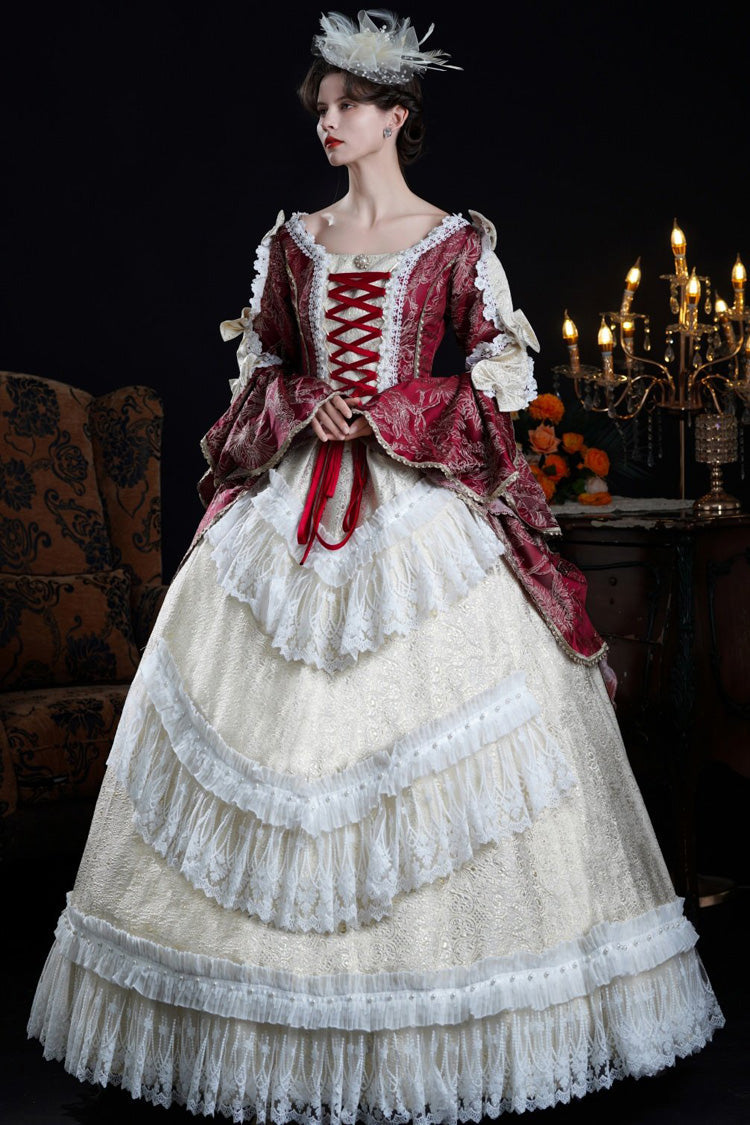 Wine/Ivory Long Hime Sleeves Lace-Up Classic Vintage Palace Lolita Victorian Dress